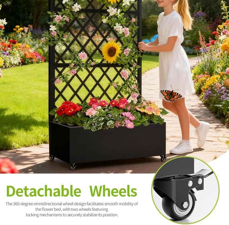 Metal Planter Box with Privacy Screen Trellis,Galvanized Raised Garden Bed On Wheels for Climbing Plants Vines, Standing Garden Flower Bed with Drainage Holes (Black, 35" L x16 W x 73" H)