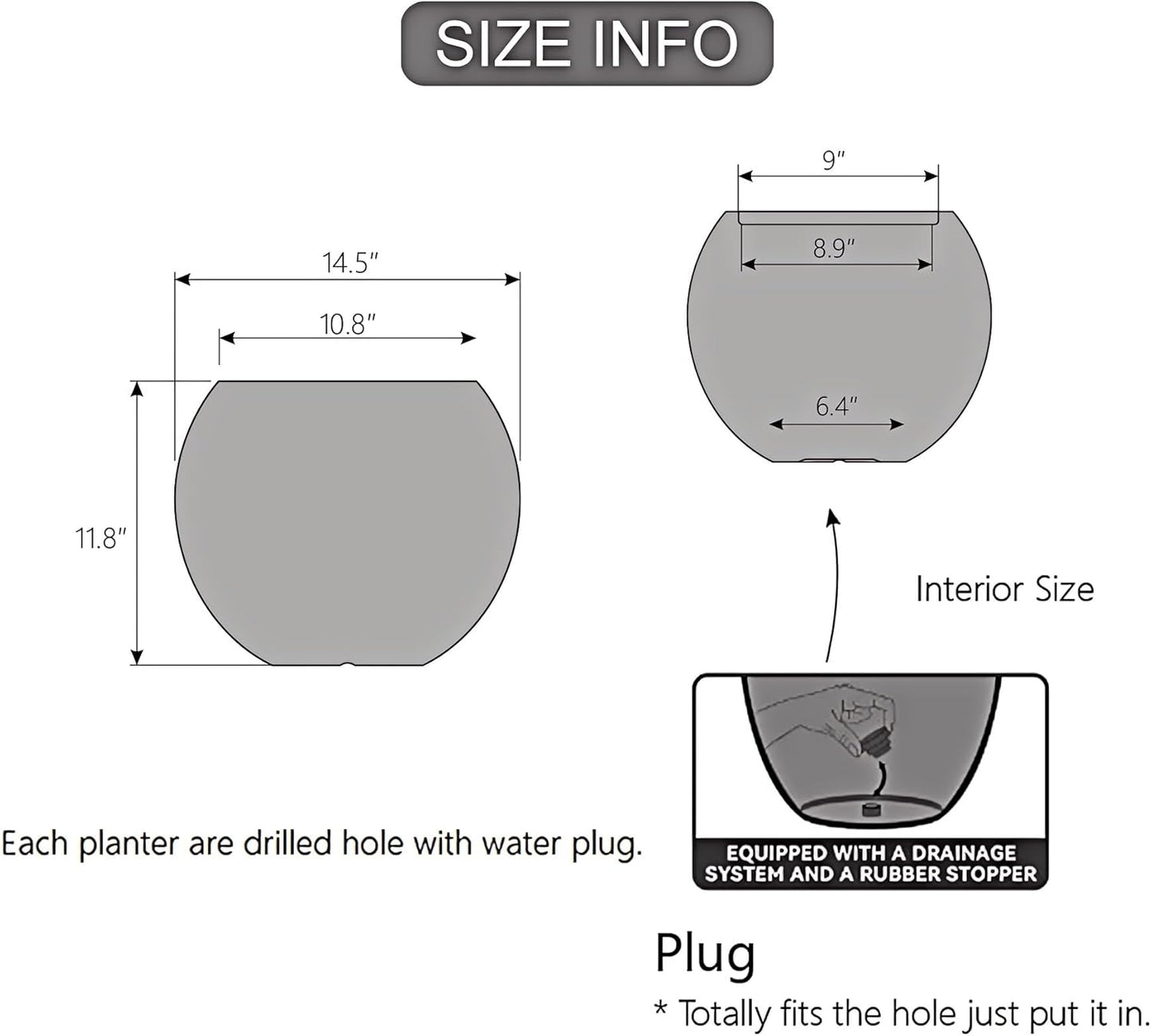 14.5"Dia Large Gray Round Plastic Planter with Drainage Hole & Plug, Textured Lightweight Plant Pot, Shatterproof & UV Resistant for Indoor Outdoor Patio, Modern Decor (11.8"H x 8.9" Opening)