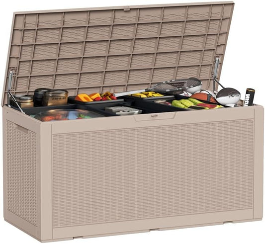 DRATO 100 Gallon Large Deck Box, Outdoor Storage Box for Patio Furniture, Patio Cushions, Gardening Tools, Pool Supplies,660lbs Weight Capacity,Waterproof Resin Storage Boxes