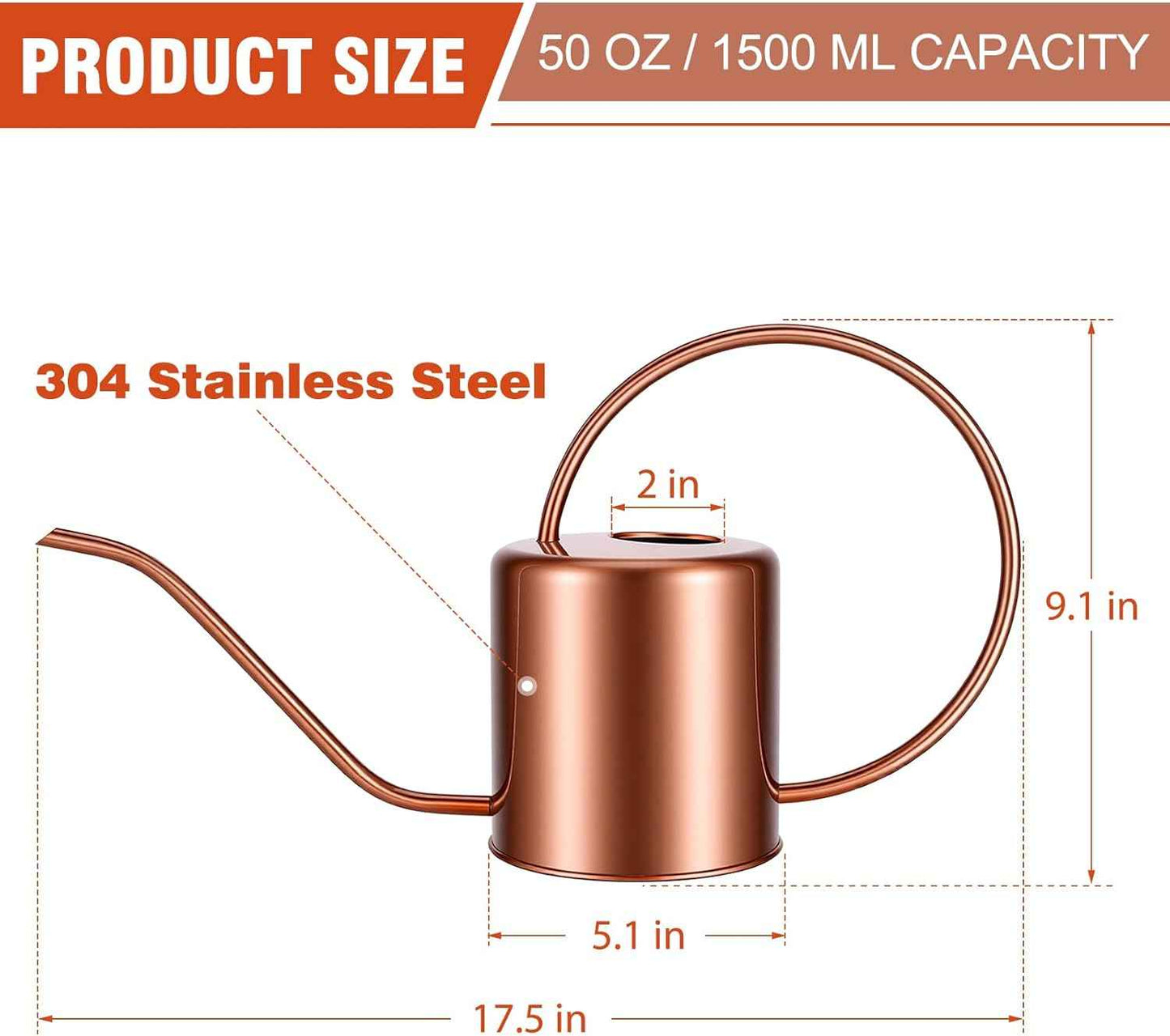 Plant Watering Can, 50 oz / 1500 ml Stainless Steel Metal - Modern Decorative with Long Spout for Indoor Potted Plants, Bonsai, Garden Flowers, Copper