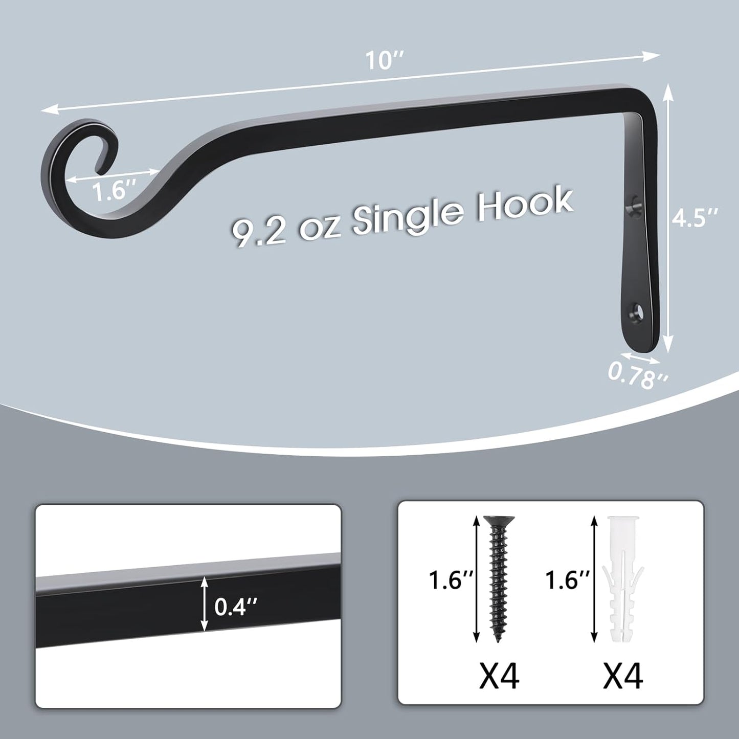 Gtongoko 2 Pack 10 Inch Metal Plant Hangers Wall Hooks for Hanging Plant Brackets, Outdoor Hooks for Hanging Bird Feeders, Flower Baskets, Lanterns, Wind Chinme, Solar Lamps