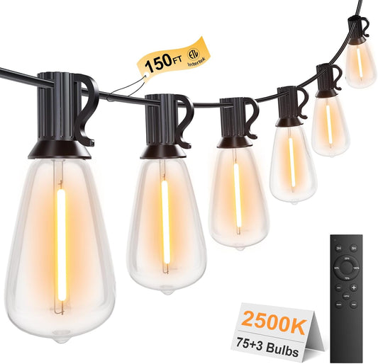 150FT Outdoor String Lights with Remote, Garden Patio Decor with 2500K Warm White, 75+3 LED Edison Bulbs, Support Timer Dimmable Waterproof Shatterproof for Yard Outside Porch Deck Backyard