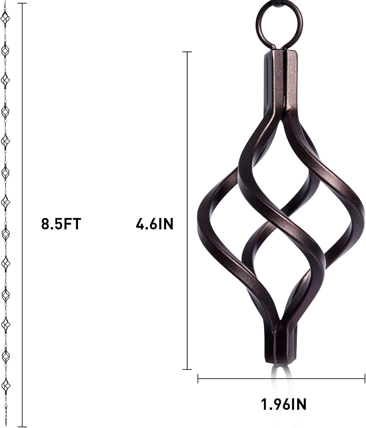 Rain Chain Bird Cage Set 8.5Ft, Not Rust Wrought Iron Rain Chains for Gutters with Adapter Gotta Drain and Sturdy Anchoring Stake,13 Cups, 1 Hook, Adjustable Length for Garden Decorative (Coffee)