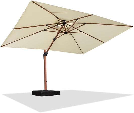 PURPLE LEAF 9' X 12' Double Top Deluxe Wood Pattern Rectangle Patio Umbrella Offset Hanging Umbrella Outdoor Market Umbrella Garden Umbrella, Cream