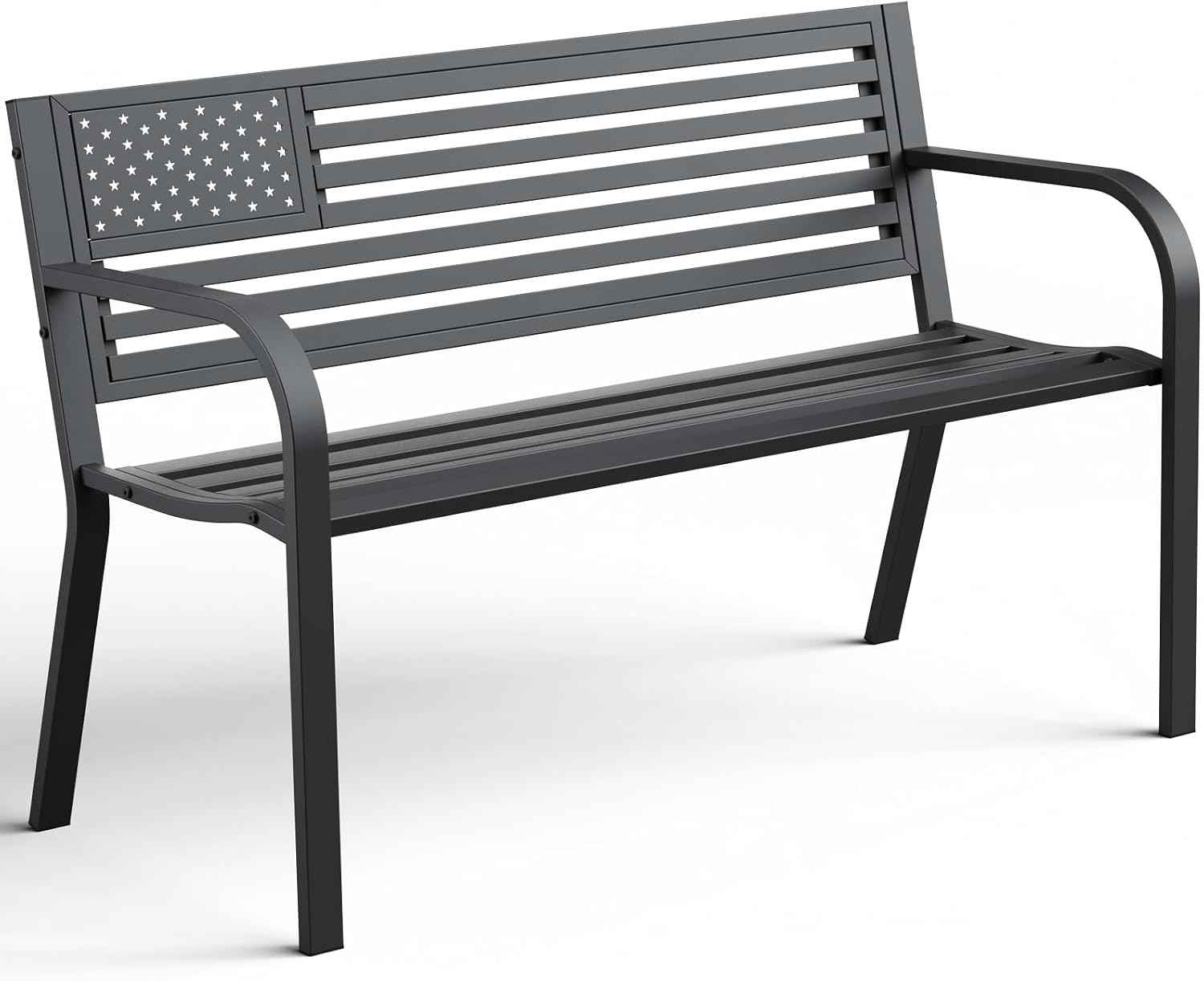 Outdoor Bench, Sturdy Metal Garden Bench with Classic Stars and Stripes Design Metal Backrest, 2-Person Patio Bench for Outside Seating, Cast Iron Steel Porch Yard Lawn Furniture, Black
