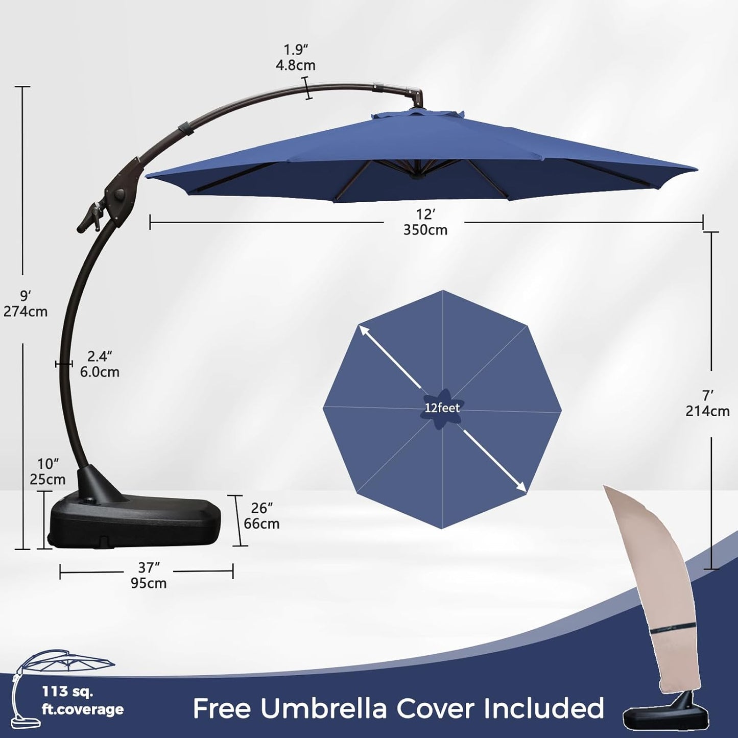 Grand patio 12FT Outdoor Offset Umbrella with Base & Cover Patio Aluminum Round Cantilever Umbrella for Garden Deck Poolside (Navy Blue, 12 FT)
