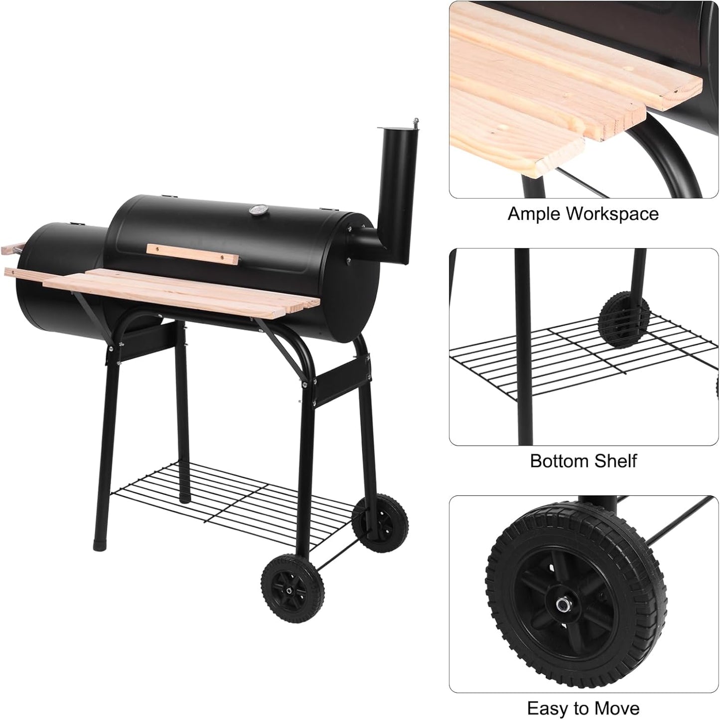 ROVSUN Charcoal Grill, Large Cooking Area of 433 Sq.In., Offset Smoker, Side Table, Great BBQ Grill for Indoor/Outdoor Picnic, Black