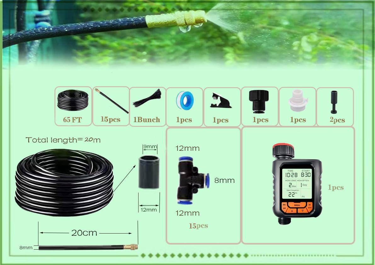 New drip Irrigation kit, Automatic Garden Watering System, Quick Connector and 360-degree Bending Dropper atomizing Copper Nozzle, Garden Plant Lawn Courtyard Watering System. (Timer)