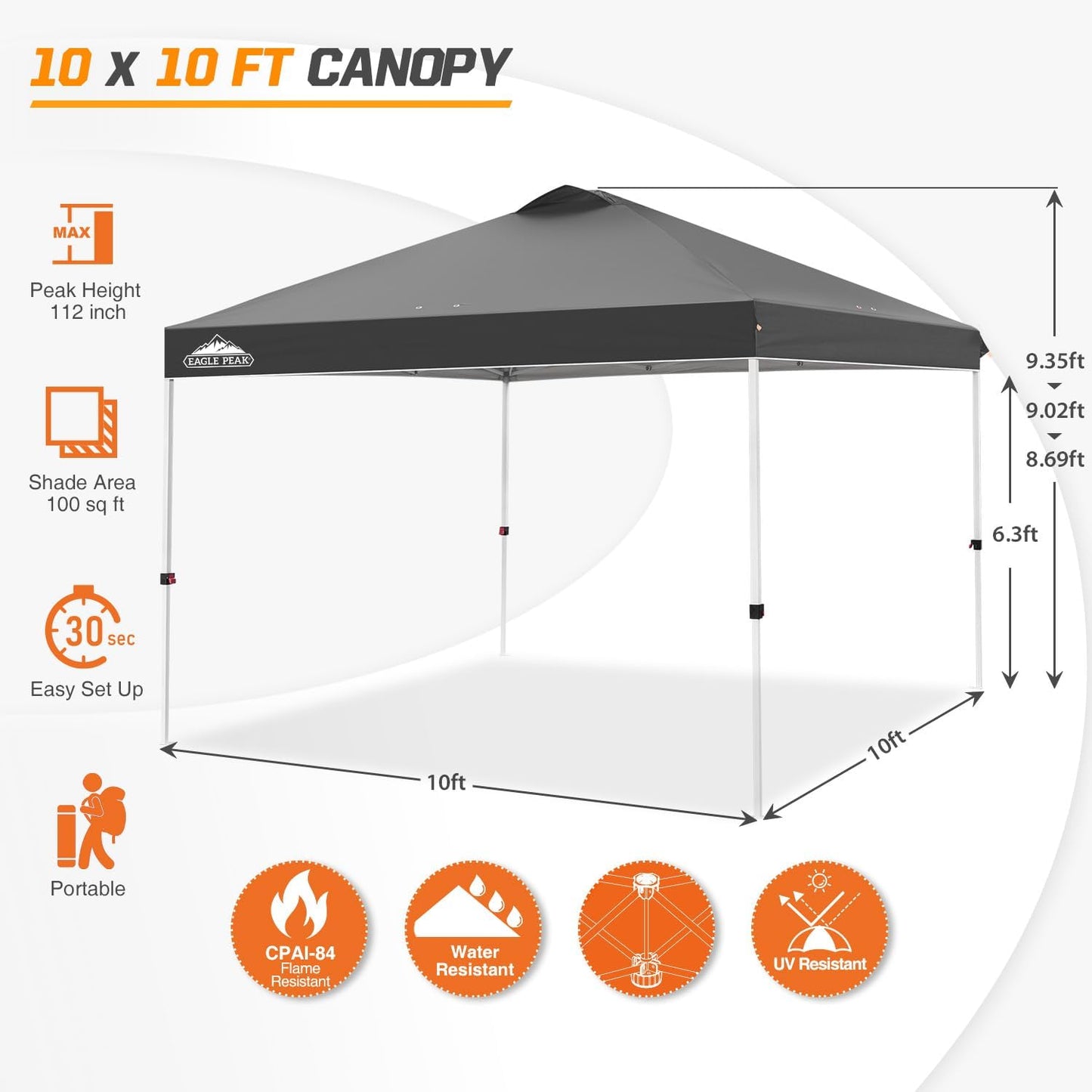 EAGLE PEAK Pop Up Canopy Tent with Wheeled Carry Bag, 8 Stakes, 4 Ropes, 4 Weight Bags, Easy Set Up Tent Canopy, 10x10 ft, 100sqft of Shade, Gray