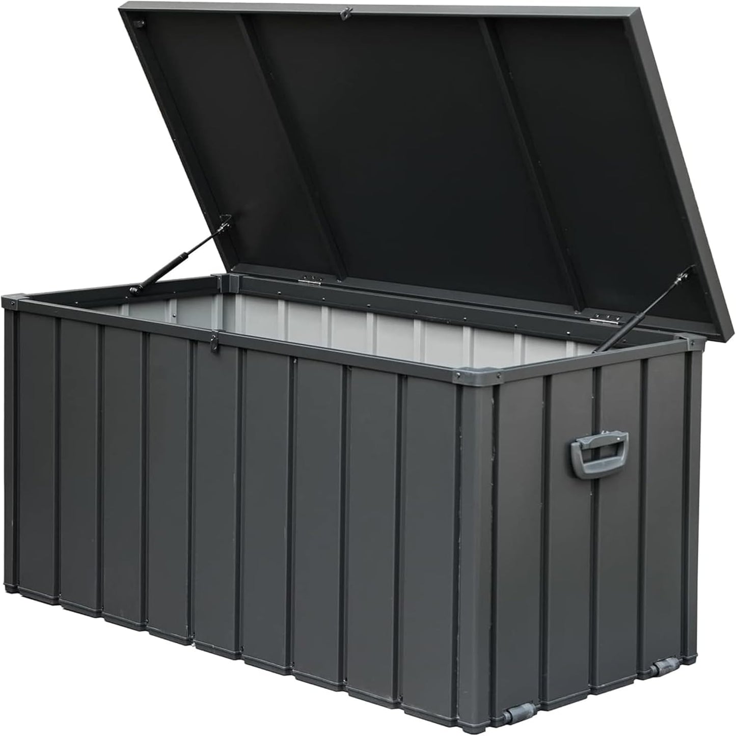 KUIKUI 150 Gallon Deck Box Waterproof, 150 Gallon Outdoor Storage Box, Metal Deck Box Waterproof for Pool Patio Cushions and Sports Pools Equipment, Dark Gray