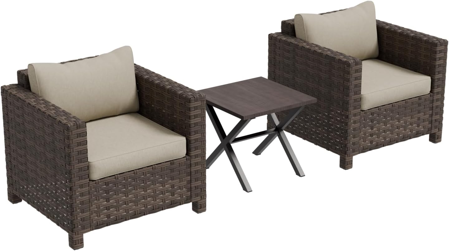 EAGLE PEAK Harbor Haven 3 Piece Wicker Patio Bistro Set, Outdoor Chairs & Side Table, Weather Resistant Furniture Set for Balcony, Deck, Garden, Brown/Beige