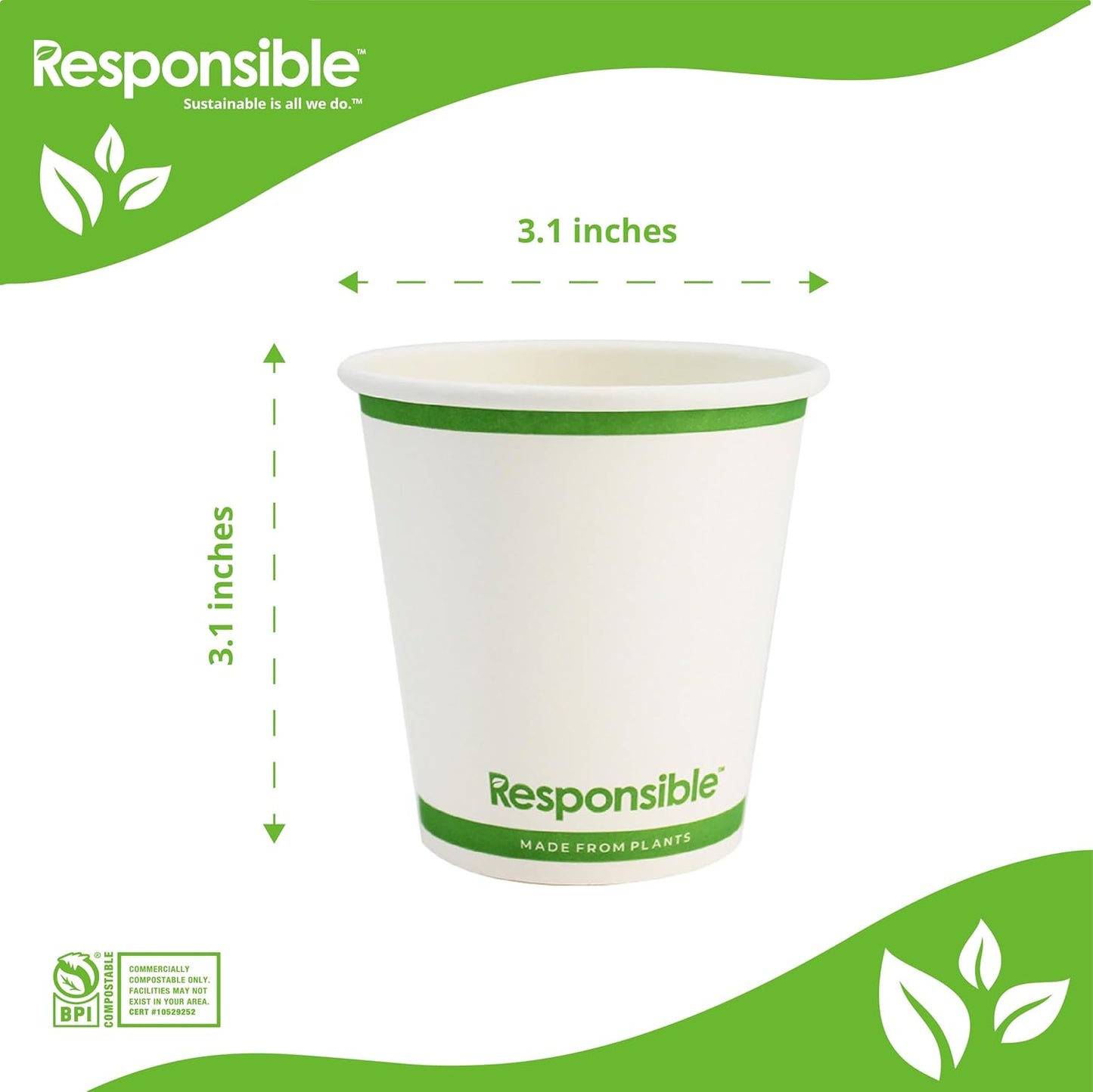6 oz Paper Hot Cups Bulk, Tree-Less™ Compostable Paper Coffee Cups, Extra Strength, Tree-Free and Made Without PFAS, White (1000 Count)