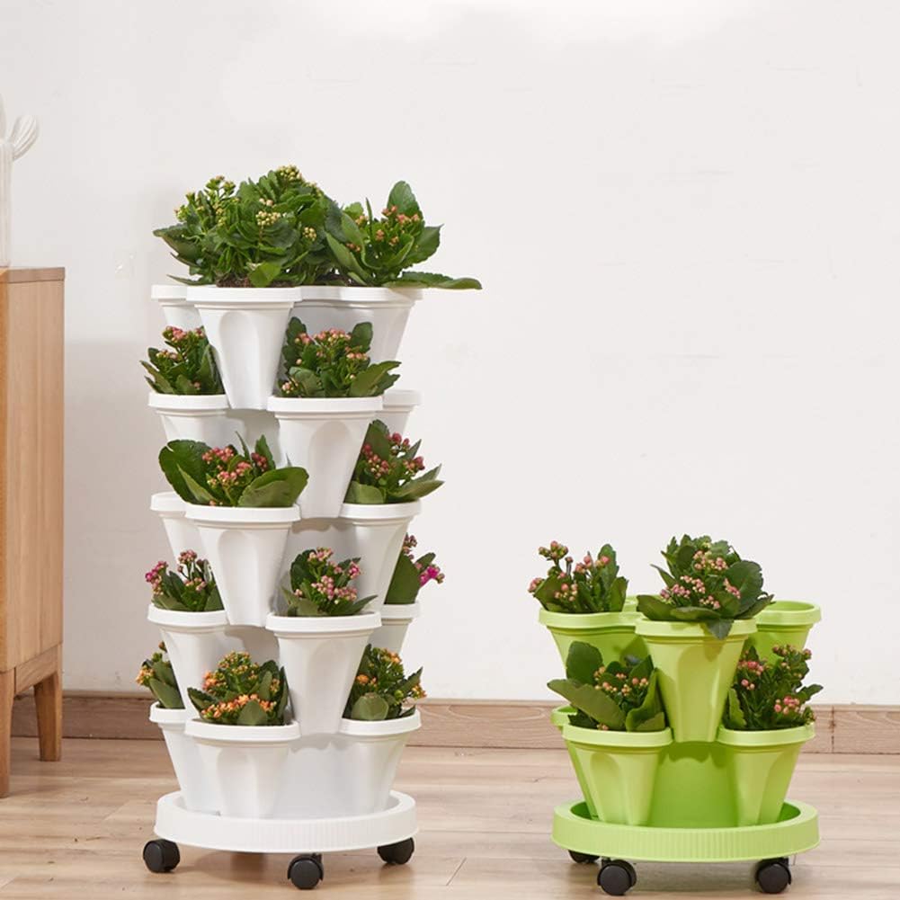 5 Tier Stackable Strawberry Planter Vertical Garden Stacking Herb Vegetable Planters with Removable Wheels Saucer, 4- Compartment Pot