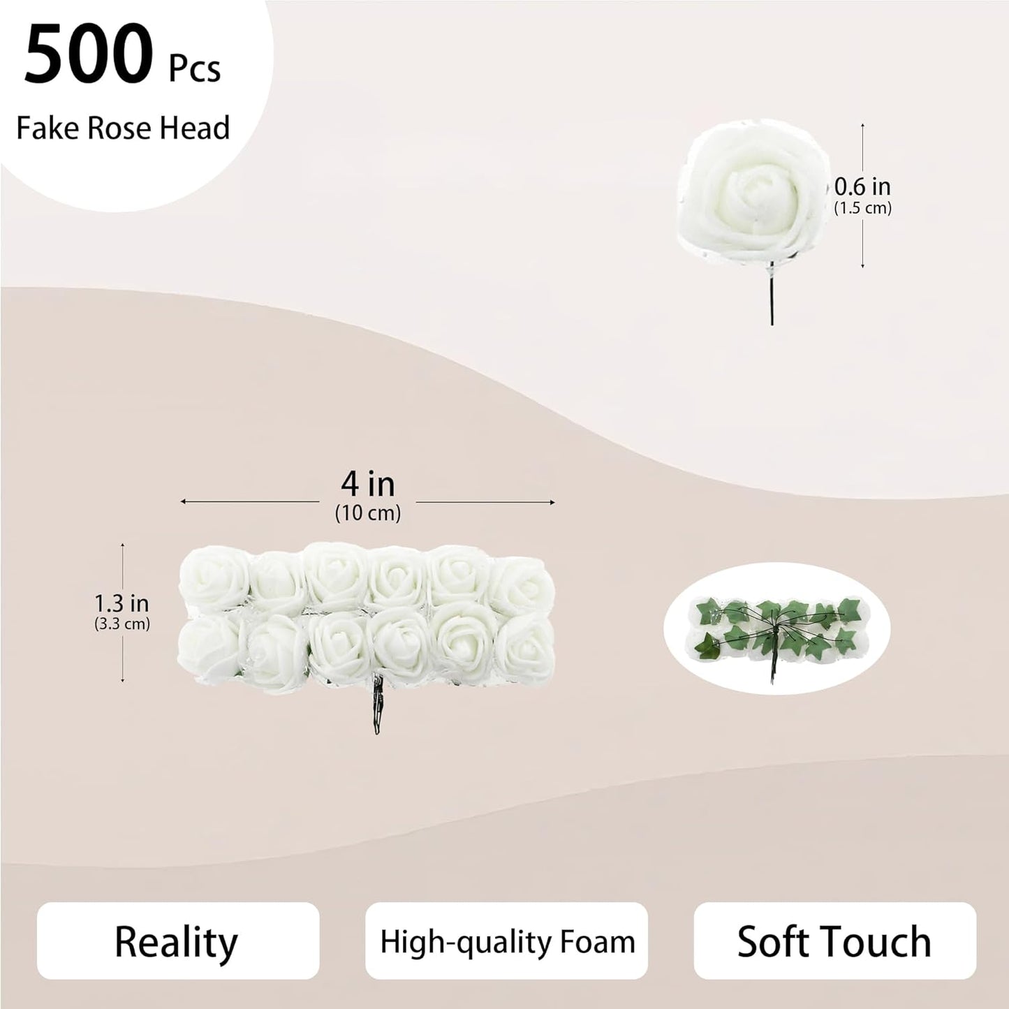 500 Pcs 0.6 Inch Mini Artificial Flowers Head Bulk 5 in 1 Set Faux Foam Fake Small Rose Tiny Baby Flores Bouquet Wreath Gift Hair Clip Home Decoration DIY Craft (White)