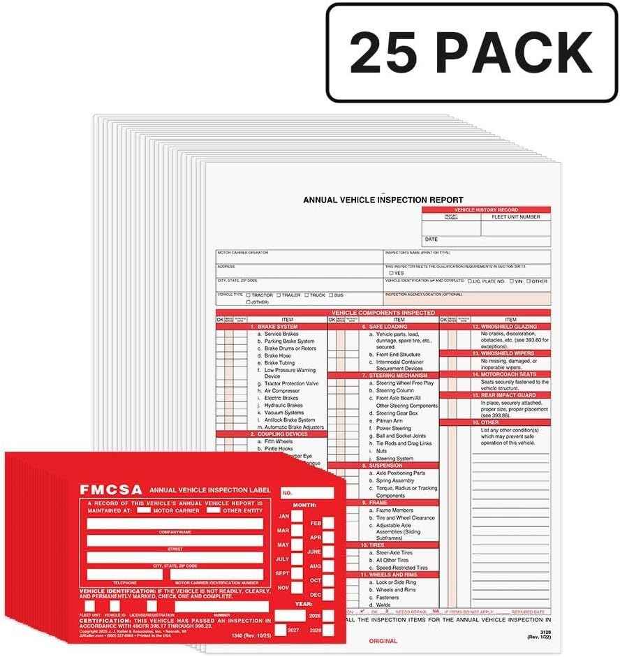 J. J. Keller 25-Pack, Annual Vehicle Inspection Report Form & Red FMCSA Label Aluminum, 3-Ply Carbonless Form, DOT Compliant