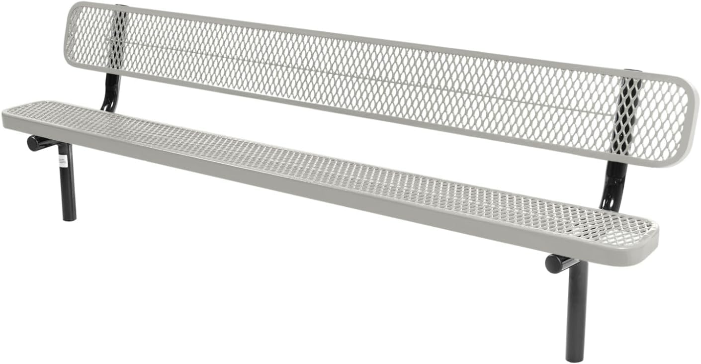 Coated Outdoor Furniture Heavy-Duty Outdoor Bench Thermoplastic Coated, Expanded Metal, Commercial-Grade Seating, Made in America (Inground with Back, 8 Ft, Textured Grey)