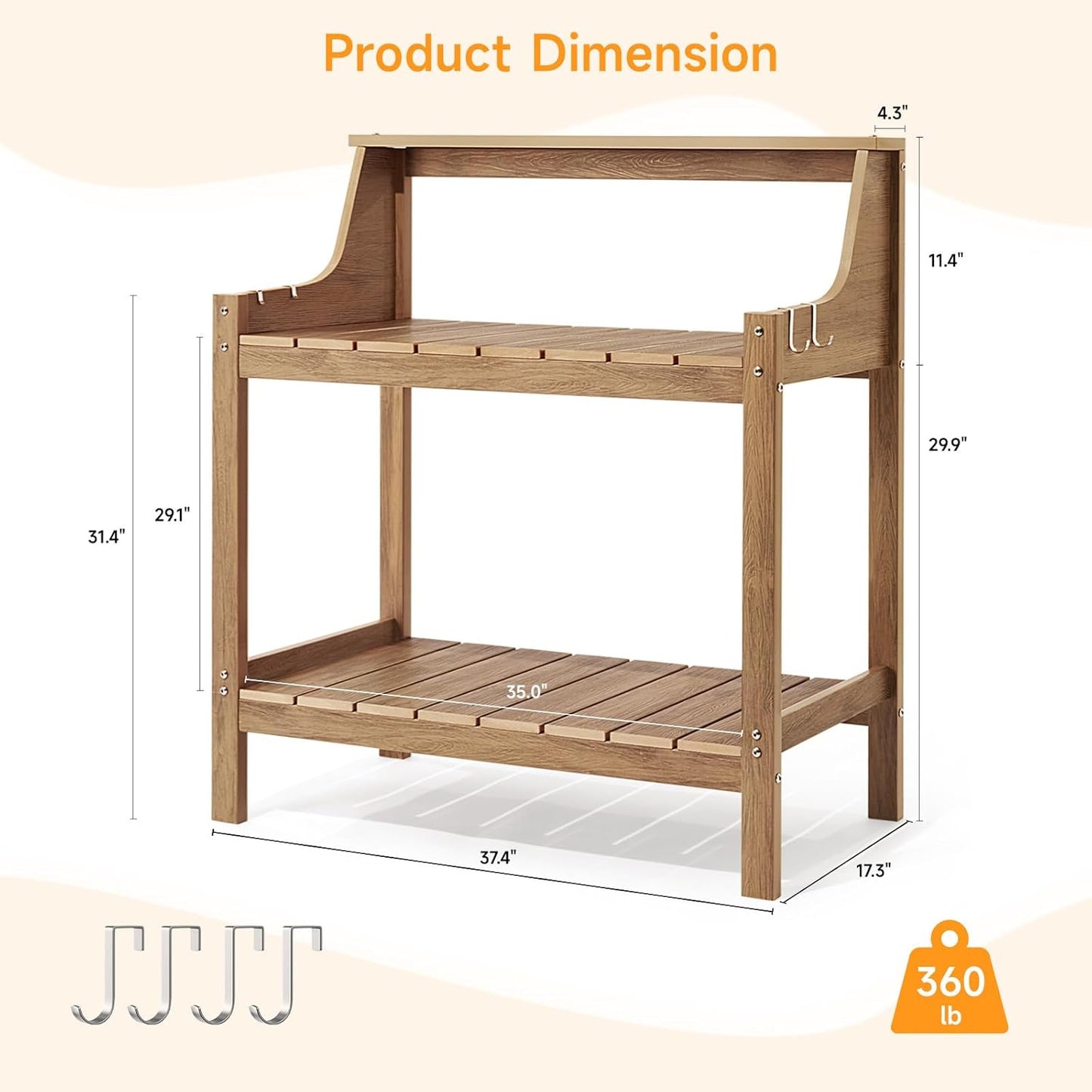 Potting Bench Table, HDPS Potting Bench with 4 Side Hooks, All-Weather Garden Table Work Station, Outdoor Potting Table for Porch, No Rust, No Fade, No Break, 360lbs Capacity (Teak, Large)