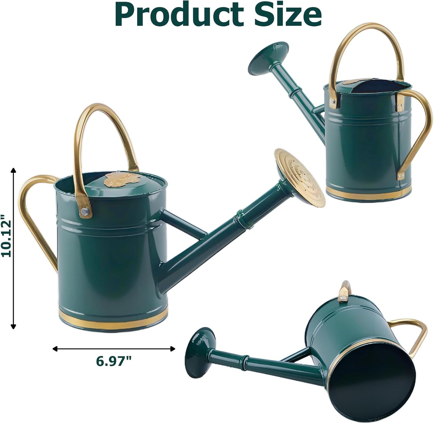 1 Gallon Green Metal Watering Can with Solid Brass Details, Removable Watering Rose, Decorative Garden Can for Indoor Plants, Patio and Greenhouse