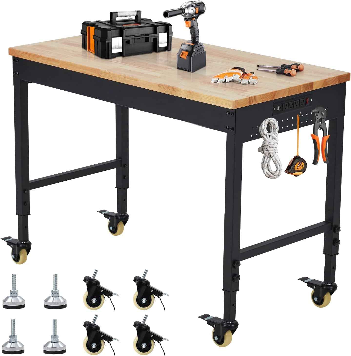 60" x 22" Heavy-Duty Adjustable Height Workbench with Power Outlets, Rubberwood Top, 2000 Lb Capacity, Locking Wheels, Mobile Garage & Office Workstation