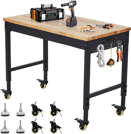 60" x 22" Heavy-Duty Adjustable Height Workbench with Power Outlets, Rubberwood Top, 2000 Lb Capacity, Locking Wheels, Mobile Garage & Office Workstation