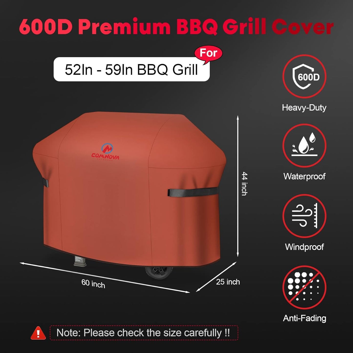Comnova Grill Cover 60 Inch - 600D BBQ Cover for Outdoor Grill Heavy Duty & Waterproof, 60 Inch Barbecue Gas Grill Covers for Weber, Char-Broil, Nexgrill, Dyna-glo, Monument, Brinkmann and More