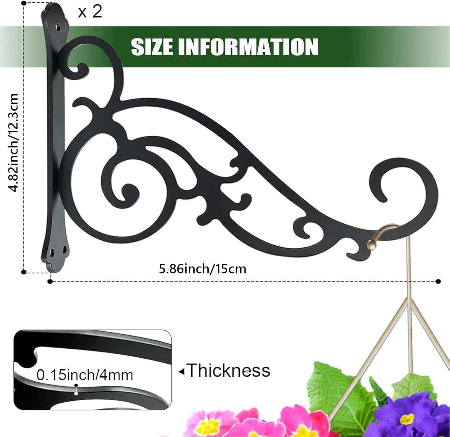 2 Pcs Hanging Plant Bracket Wall Hook Hanging Plant Brackets 6-Inch Black Iron Plants Indoor/Outdoor Planter Hangers Hooks for Hanging Lanterns,Bird Feeders,Wind Chimes