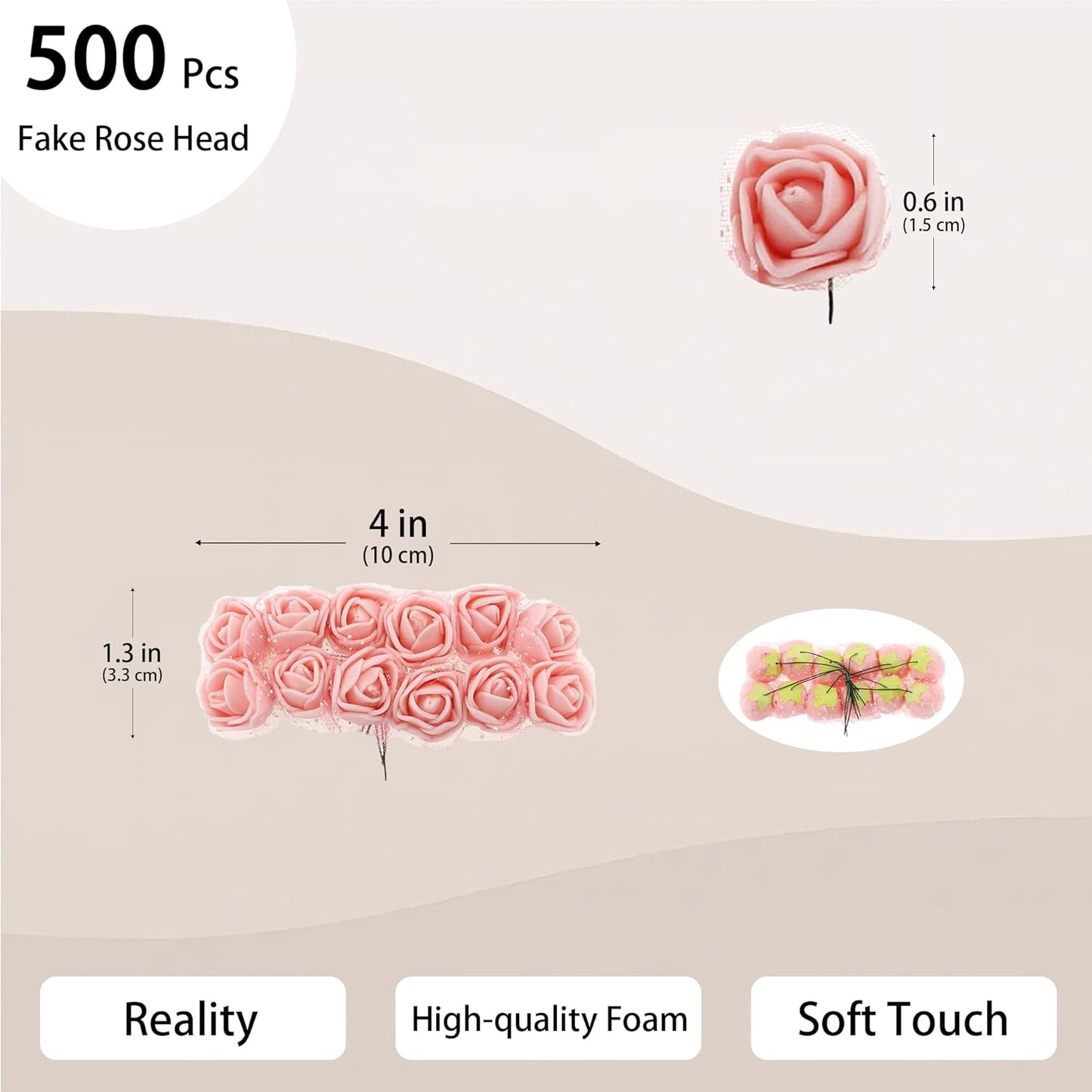 500 Pcs 0.6 Inch Mini Artificial Flowers Head Bulk 5 in 1 Set Faux Foam Fake Small Rose Tiny Baby Flores Bouquet Wreath Gift Hair Clip Home Decoration DIY Craft (Peach)