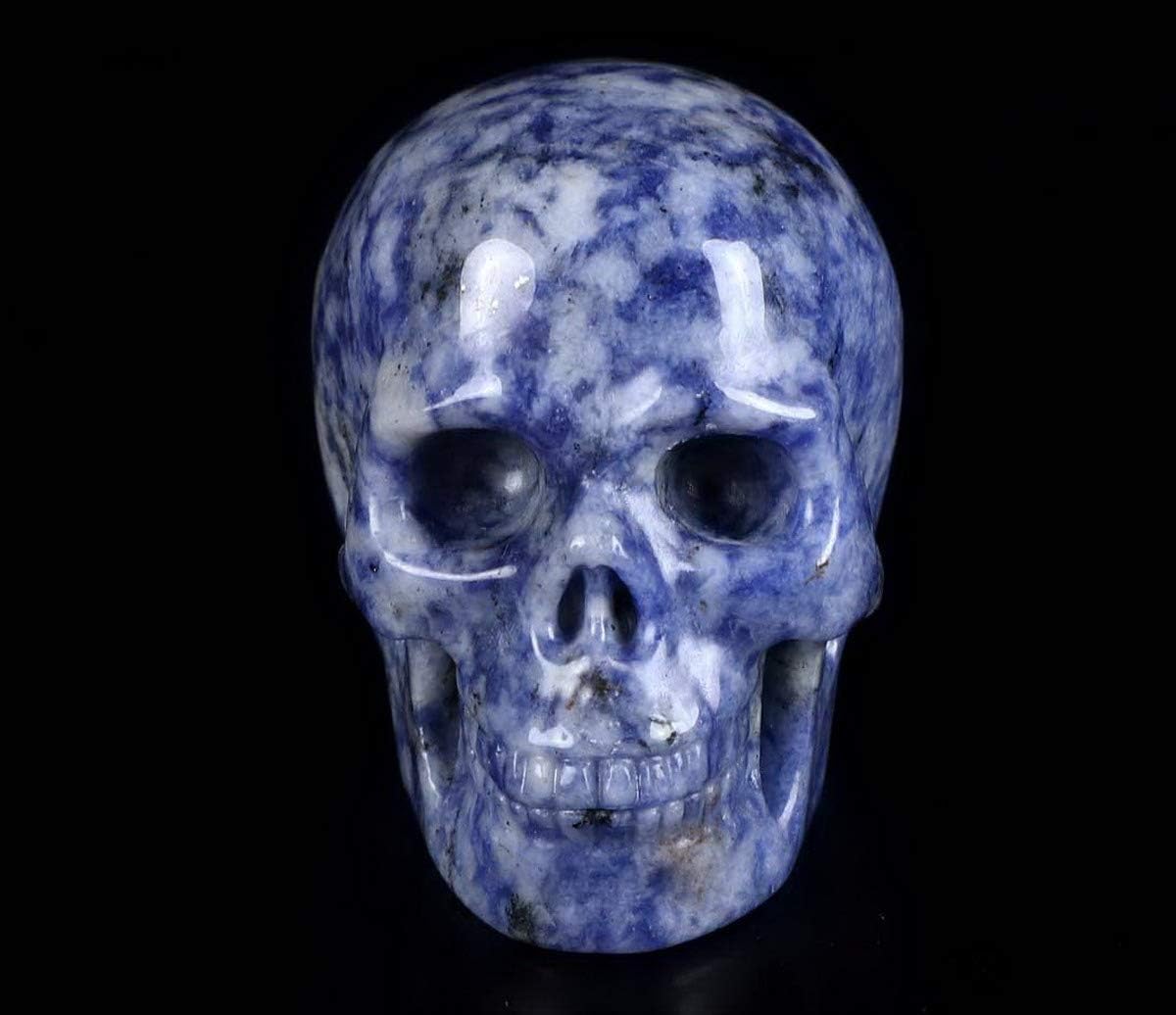 Skullis 2.0" Blue Speckled Sodalite Crystal Skull, Hand Carved Gemstone Fine Art Sculpture, Reiki Healing Stone Statue.