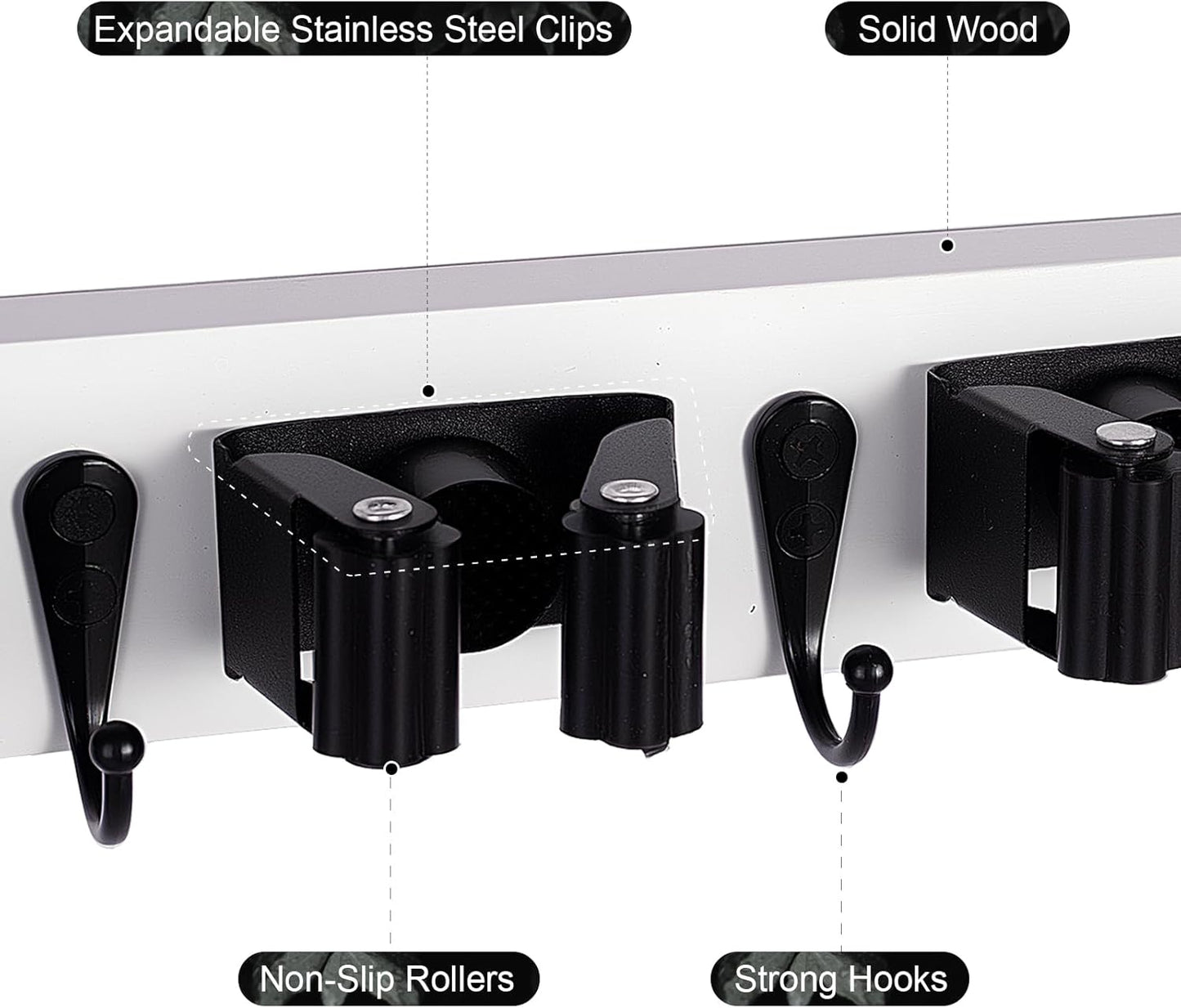 Broom Holder Wall Mount With 5 Slots & 4 Hooks，Rustic Wood Broom & Mop Hanger，Wall Mounted Garden & Garage Tool Storage Organizer Rack for Closet Laundry Room or Kitchen Wall Decor White