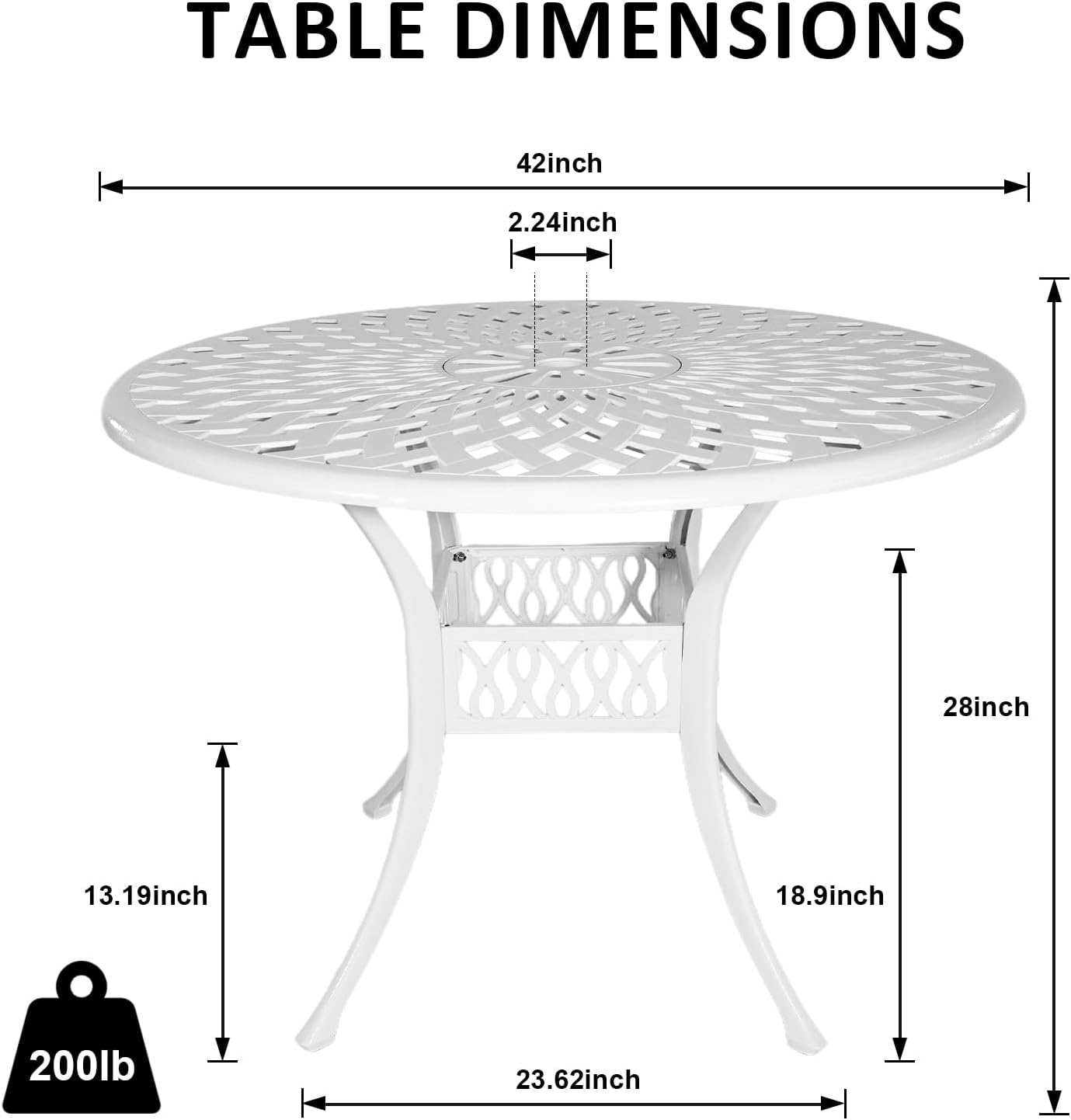 42 Inch Outdoor Patio Dining Table Round Cast Aluminum Table with 1.97" Umbrella Hole, All Weather Metal Bistro Table for Porch,Backyard,Garden,Balcony,White