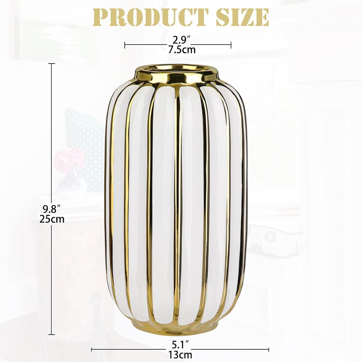 Briful Gold Plated Lantern Ceramic Vase Home Decor Creative Design Porcelain Decorative Flower Vase 11.02'' White Ceramic Vases for Wedding Anniversary Decoration