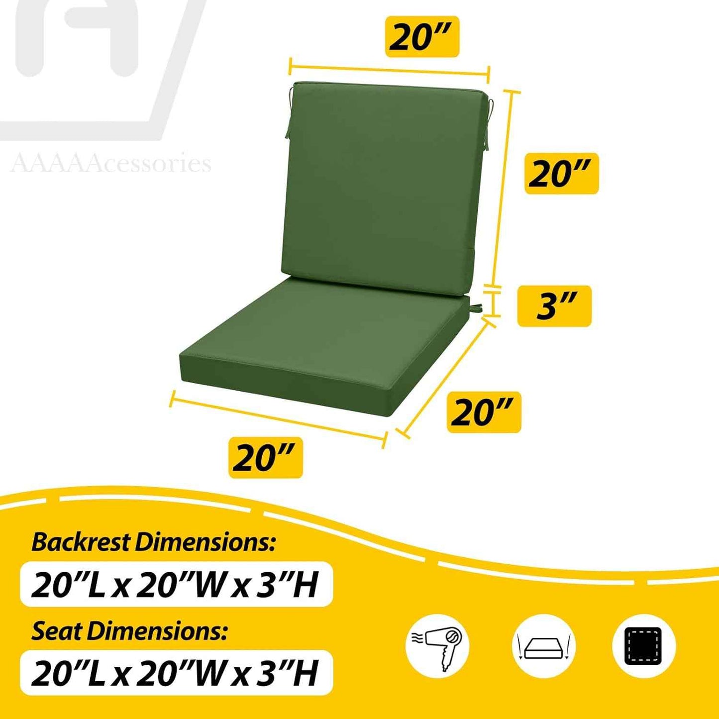 AAAAAcessories Outdoor Seat Cushions for Chairs, One-Piece Design, Fade-Resistant, Waterproof Patio Furniture Replacement Cushions, 20" x 20" x 3" + 20" x 20" x 3", Dark Moss Green