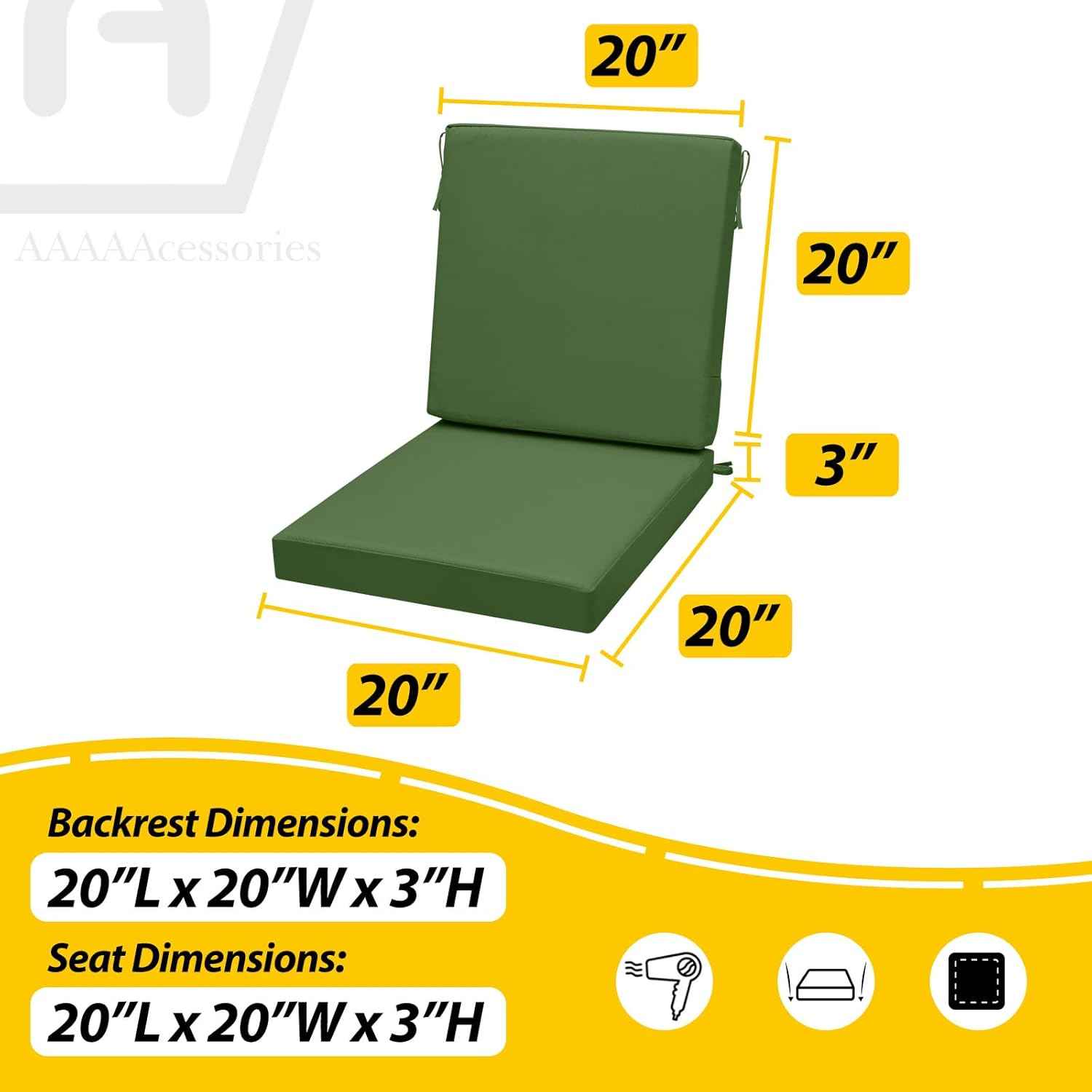 AAAAAcessories Outdoor Seat Cushions for Chairs, One-Piece Design, Fade-Resistant, Waterproof Patio Furniture Replacement Cushions, 20" x 20" x 3" + 20" x 20" x 3", Dark Moss Green