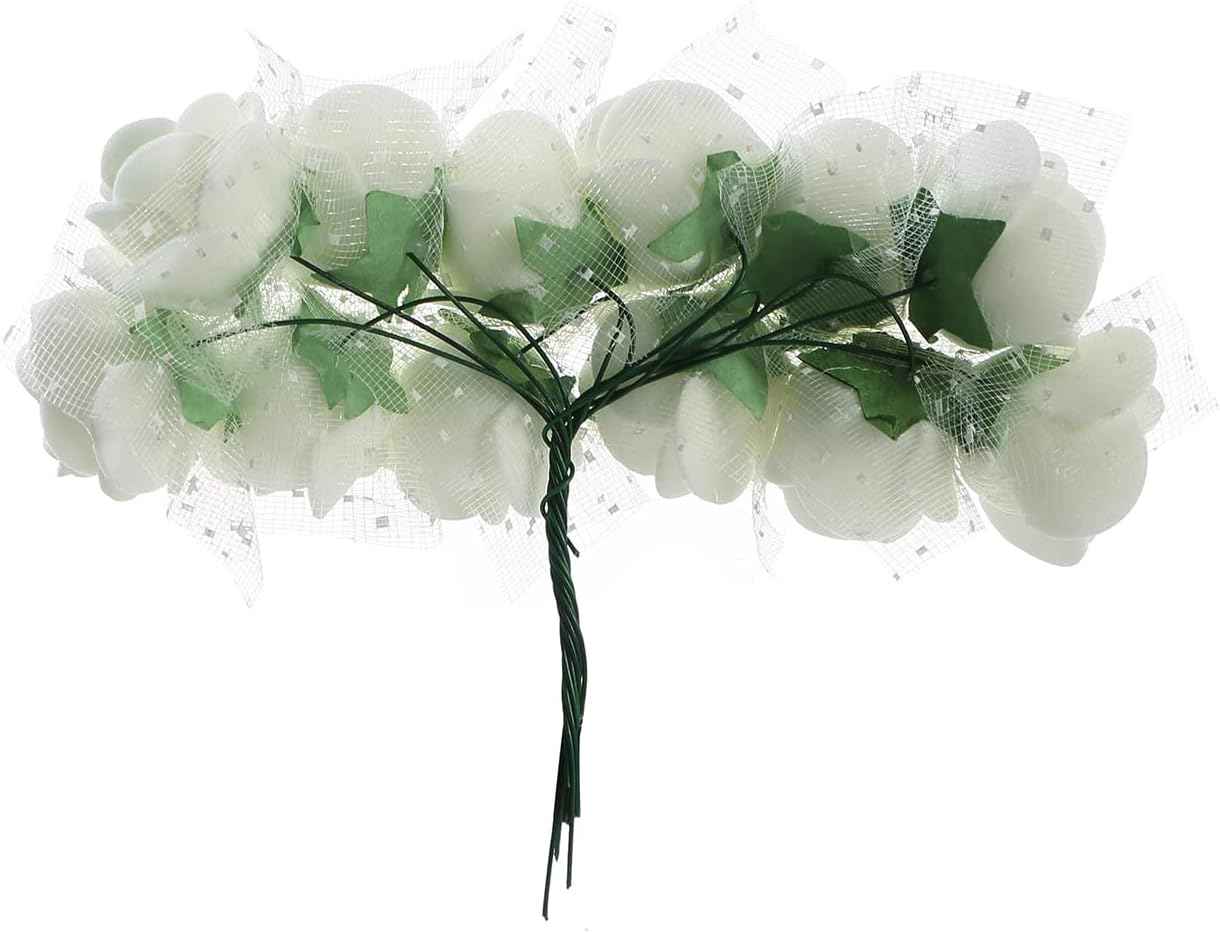 144PCS Mini Fake Roses Artificial Foam Rose Heads with Wire Rods DIY Wedding Flowers Accessories Make Bridal Hair Clips Headbands Dress,Milk White