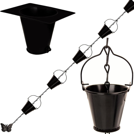 Rain Chain for Outside with 1 Adapter, Wrought Iron Rain Chains 9 FT Set,Rain Chains for Gutter with Rain Chain 16 Cup and Decorative Butterfly (Black)