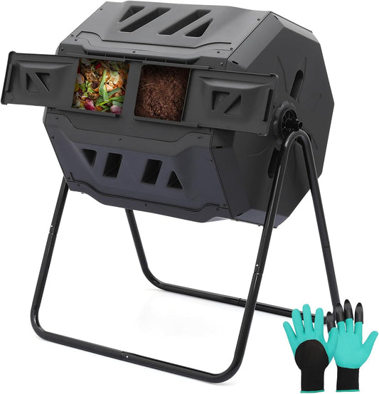 Athena Collection Compost Tumbler, 2 X 21.5 Gallons Dual Composter Chamber Outdoor, Easy Turn & Fast Rotating Compost Bins with 2 Sliding Doors, Easy Assembly, for Garden, Yard and Outdoor Use