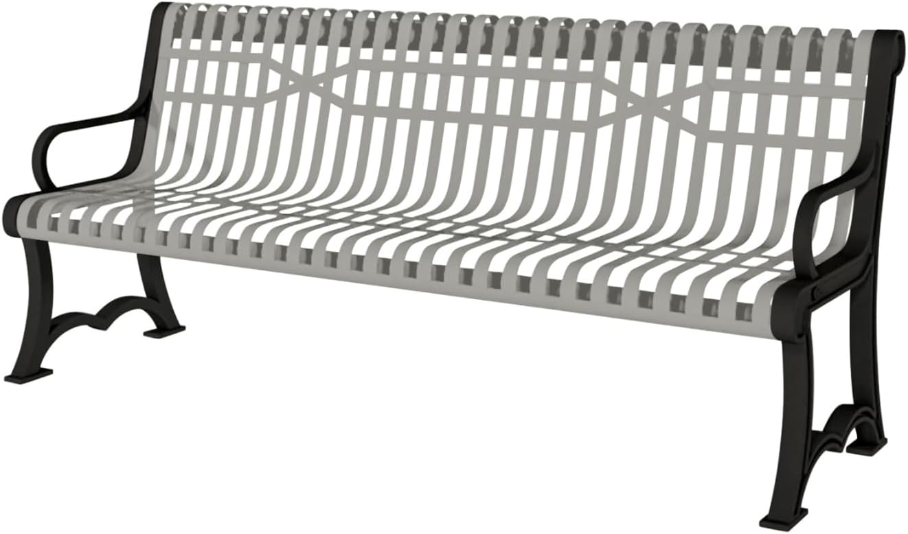 Coated Outdoor Furniture Heavy-Duty Outdoor Bench Thermoplastic Coated, Slatted Steel, Commercial-Grade Garden Bench, Made in America (Portable with Back, 4 Ft, Gray)