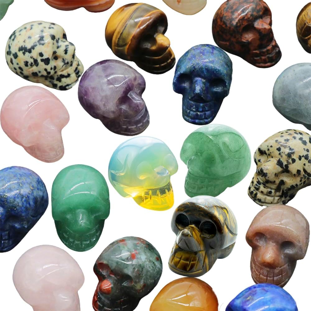 14Pcs 1 Inch Natural Crystal Skulls Set, Hand Carved Polished Gemstone Ghost Head Statues, Mixed Natural Mineral Crystal Skulls, Reiki Healing Stone Crafts, Desktop Home Decor Ornament