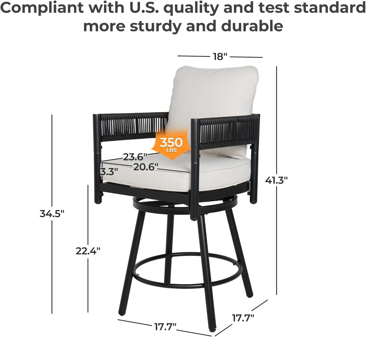 Grand patio Outdoor Swivel Bar Stools Set of 2, 26" Counter Height Swivel Chairs with Metal Frame, Curved Woven Wicker Backrest, Thickened Cushions for Patio, Deck, Balcony (Beige)