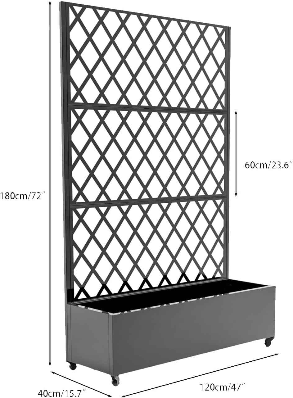 Metal Raised Garden Bed with Trellis and Wheels, 72"x47" Planter Box for Climbing Plants, Vegetables & Vines, Features Drainage Holes and Privacy Screen