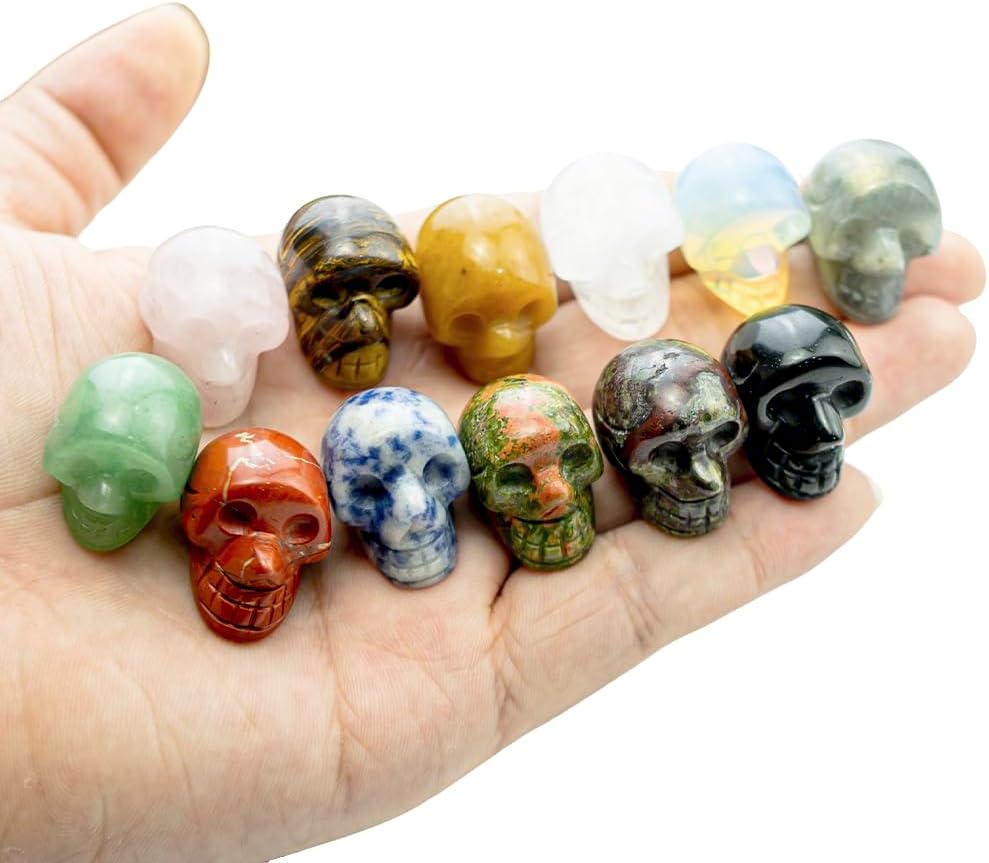 14Pcs 1 Inch Natural Crystal Skulls Set, Hand Carved Polished Gemstone Ghost Head Statues, Mixed Natural Mineral Crystal Skulls, Reiki Healing Stone Crafts, Desktop Home Decor Ornament
