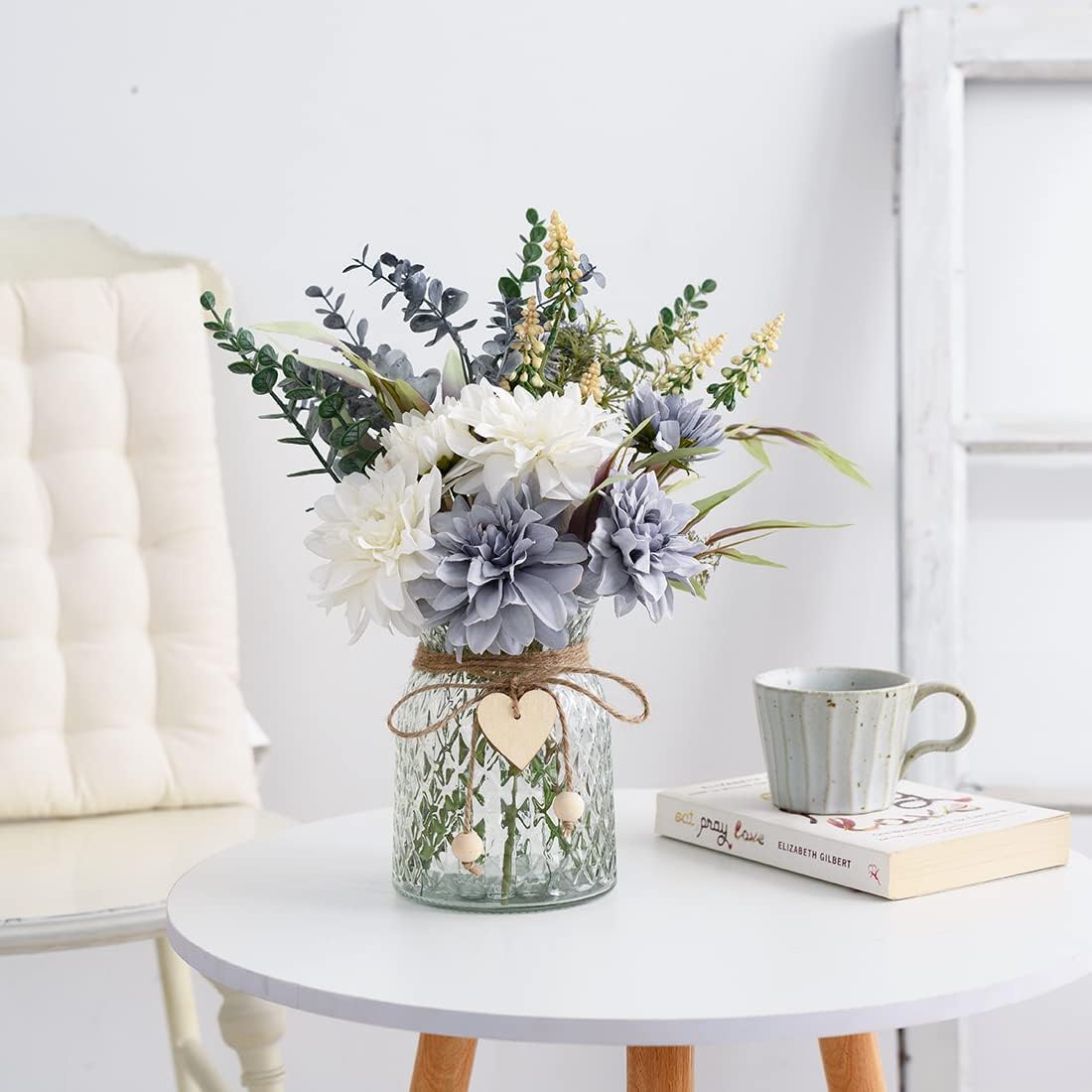Fake Flowers Artificial Blue Flowers with Vase, Table Centerpieces for Dining Room, Silk Flower Arrangements for Home, Living Room Bathroom Plant Decor, Centerpiece Table Decorations
