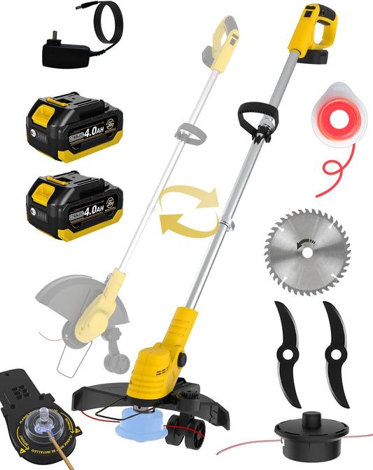 20000 RPM(4.0AhX2) Electric Weed Wacker,Dual-Durable-Line,Metal Blades,Wheel,4-in-1 Battery Powered Weed Eater Cordless+String Trimmer+Edger Lawn Tool+Brush Cutter,Weed Whacker,Weed Trimmer Lawn
