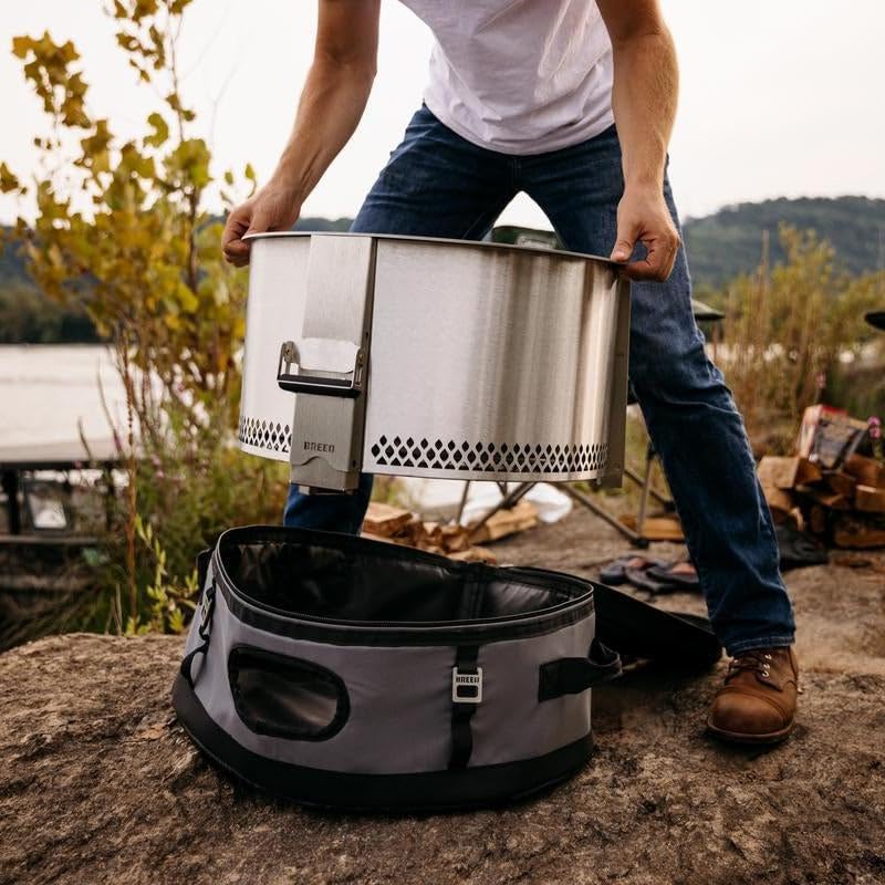 Breeo Smokeless Fire Pit to-Go Bundle (Y Series Stainless Steel, Outpost Grill & to Go Case) | 21 inch Smokeless Firepit for Outside | Ideal for Families