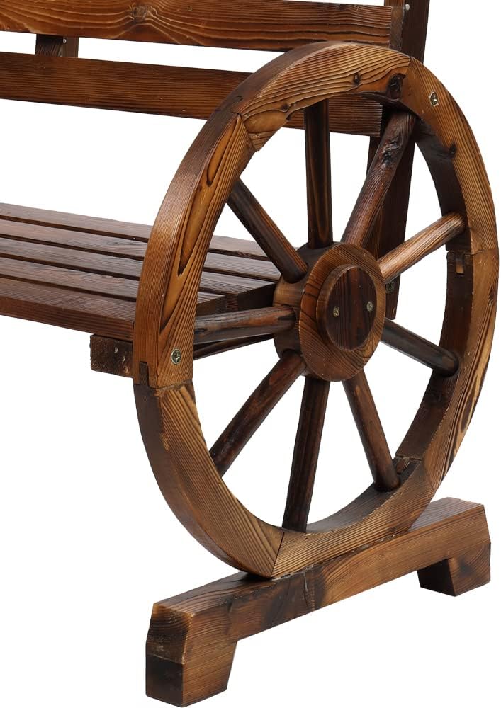 Outdoor Bench, 41 Inch Patio Bench, Rustic Wooden Wheel Bench, Wagon Slatted Seat, Porch Furniture, for Backyard, Patio, Garden, Outdoor Lounge, Brown