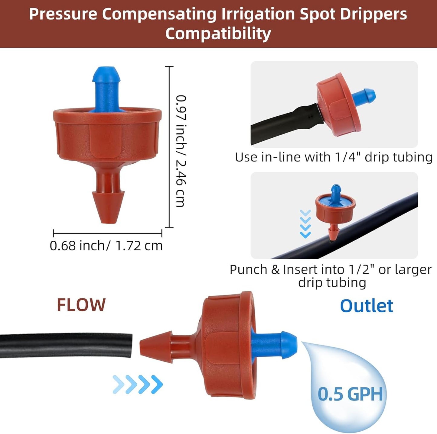 60PCS 0.5 GPH Pressure Compensating Drip Irrigation Spot Watering Drippers/Emitters, Self-Cleaning Constant Flow Drip Irrigation Emitters Heads Irrigation Drippers Parts for Drip Irrigation System