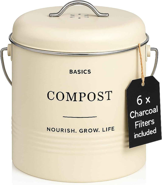 D'Lifeful Kitchen Compost Bin – 1.3 Gallon Countertop Farmhouse Compost Container with Lid – Odorless Indoor Food Scrap Pail with 6 Charcoal Filters – Eco-Conscious and Easy to Clean (Cream)