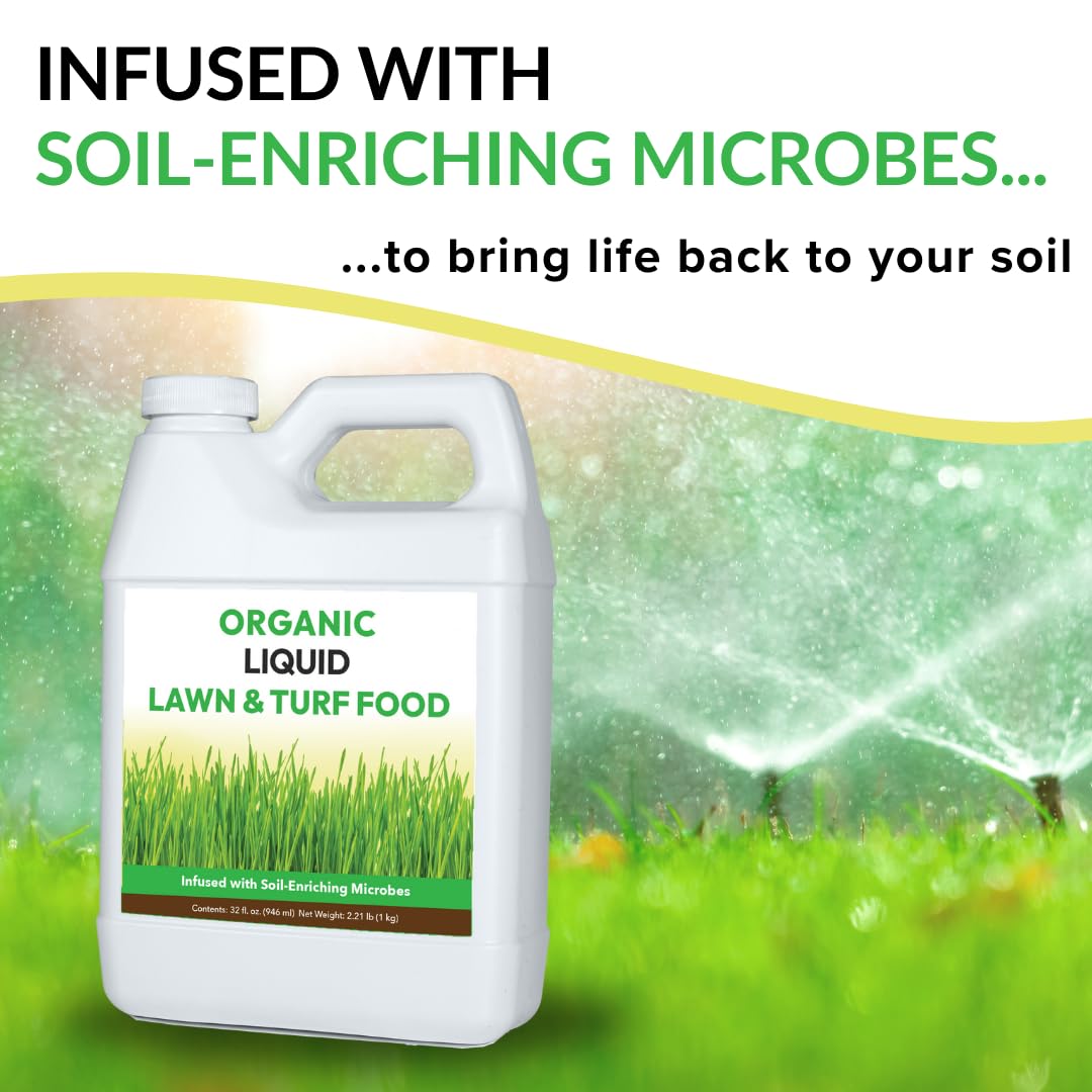 Organic Liquid Lawn & Turf Food - Quickly Rejuvenates Lawn Health and Restores Rich Green Colors to Depleted Grass | Infused with Soil Enriching Microbes (32oz - 2 Pack, Treats Up to 10,000 Sq. Feet)