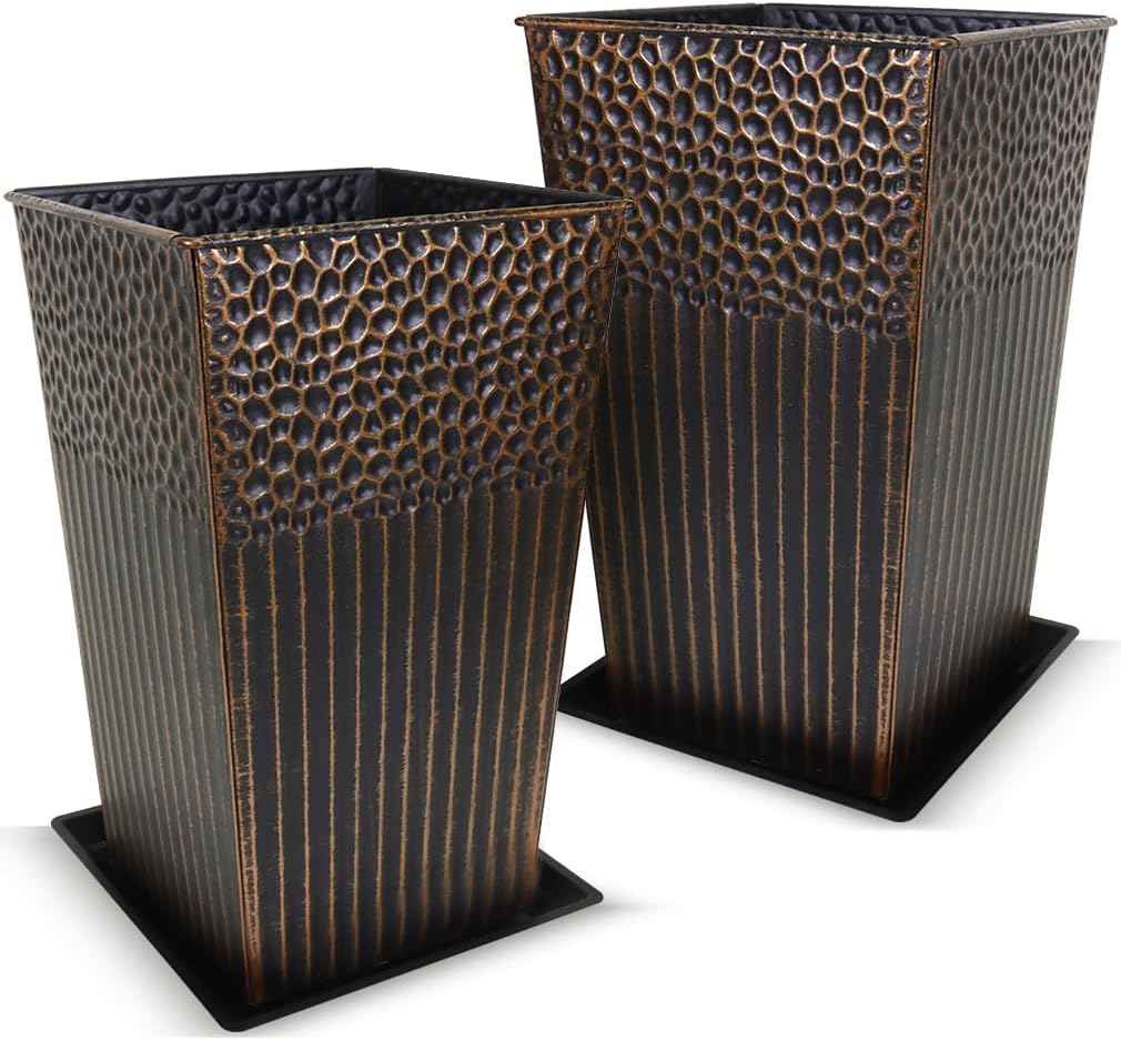 2 Pcs Pack Metal Tall Tapered Planter Pots Steel Large Square Planter Flower Pot with Drainage Holes for Indoor Outdoor Deck Porch Garden Home Patio Front Door (Antique Copper, 17" H.)