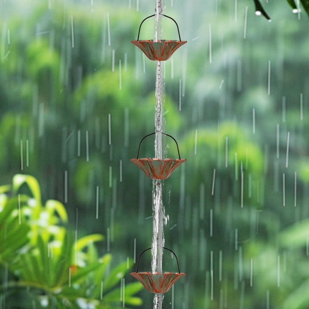 10 FT Lotus Rain Chain, Rain Chains for Gutters with 12 Bronze Cups, Adjustable Rain Catcher Chain with Bell for Eaves Drainage, Replacement for Downspout